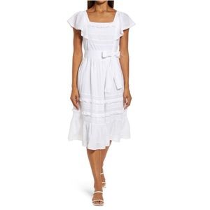 Draper James tie waist peasant dress in embroidered stripe. White. Women’s plus